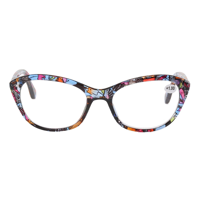 3108 Oval Cat Eye Shape Frame with Spring Hinge Floral Pattern Printing Women Reading Glasses