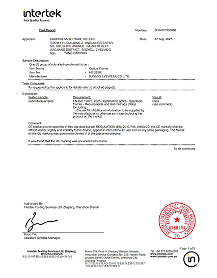 EN ISO 12870:2025 test report for spectacle frames
