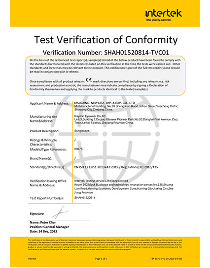 CE CE marking is mandatory for EU market access. Optical frames follow EN ISO 12870 (Medical Device Class I, self-declaration); sunglasses comply with EN ISO 12312-1 (PPE Category B, notified body certification), tested by SGS/BV.